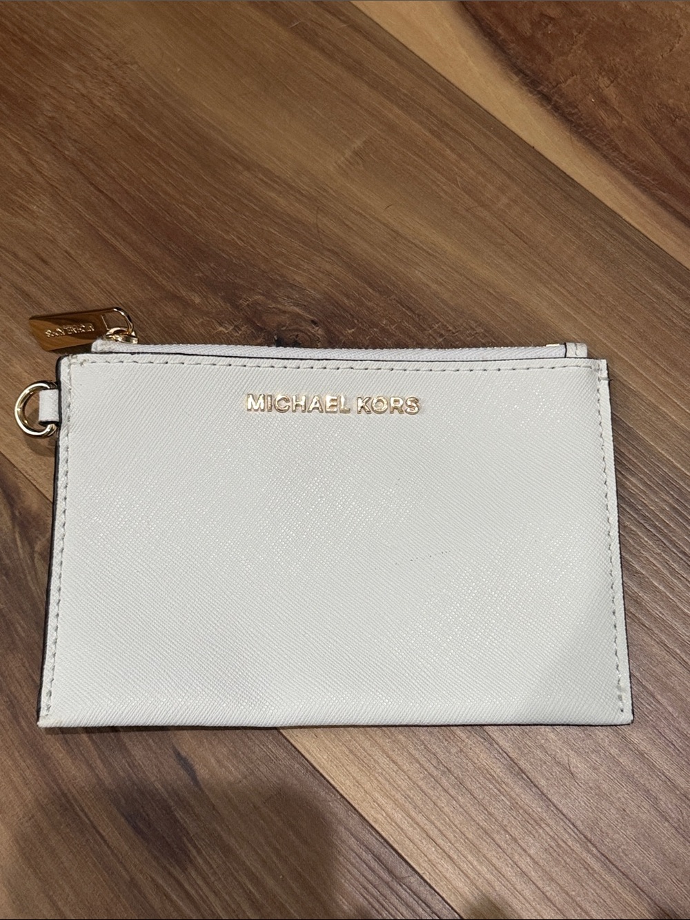 Michael Kors Cream Leather Zip Card Case with Gold Logo